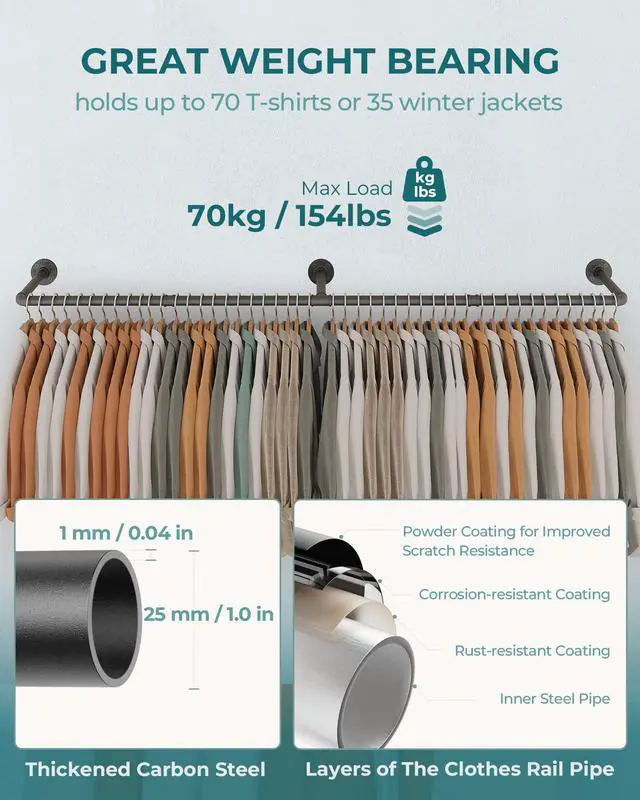Alt view image 5 of 7 - Clothes Rack, 65.7" Industrial Pipe Clothing Rack 2 Pack for Clothes, Wall Mounted Heavy Duty Space Saving Garment Rack for Closet Storage, Black, 3 Base