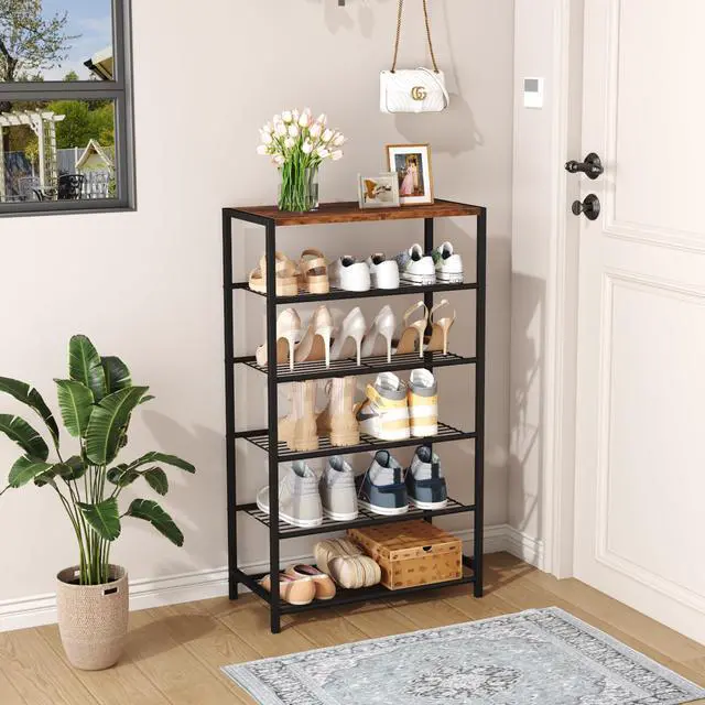 Alt view image 2 of 7 - Shoe Rack 6-Tier, Shoe Storage Shelf, Industrial Shoe Tower, Narrow Shoe Organizer for Closet Entryway, Small Shoe Rack Table with Durable Metal Shelves, Rustic Brown