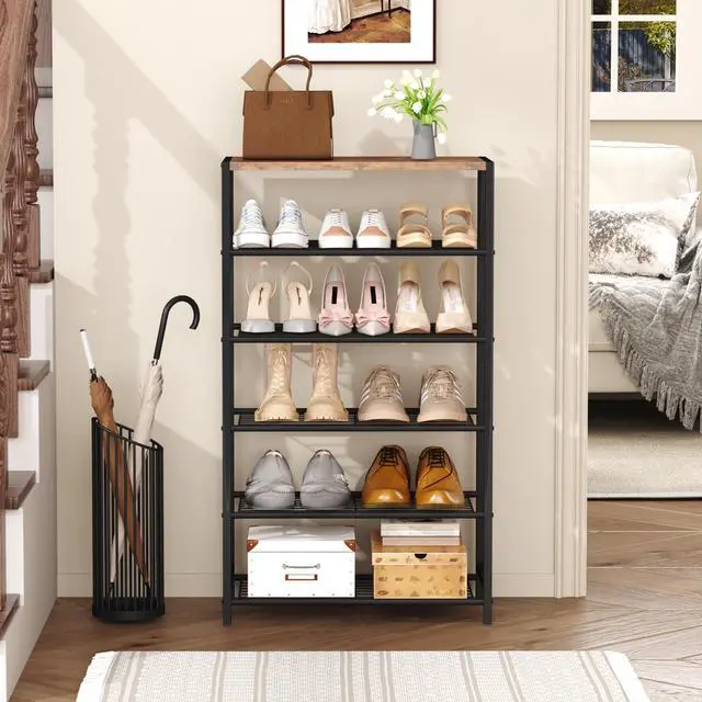 Alt view image 7 of 7 - Shoe Rack 6-Tier, Shoe Storage Shelf, Industrial Shoe Tower, Narrow Shoe Organizer for Closet Entryway, Small Shoe Rack Table with Durable Metal Shelves, Rustic Brown
