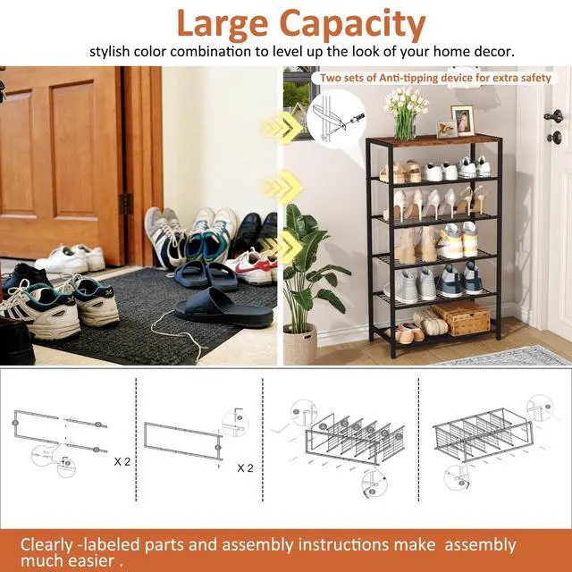 Alt view image 6 of 7 - Shoe Rack 6-Tier, Shoe Storage Shelf, Industrial Shoe Tower, Narrow Shoe Organizer for Closet Entryway, Small Shoe Rack Table with Durable Metal Shelves, Rustic Brown