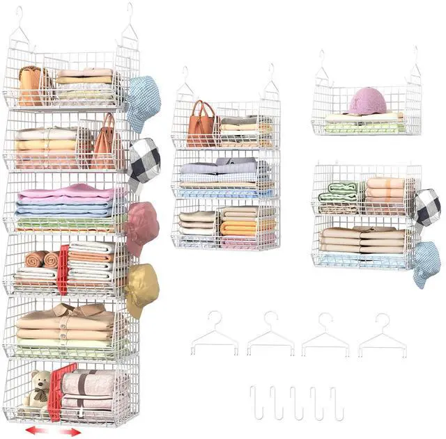Main image of 6 Tier Extra Large Hanging Closet Organizer, Closet Storage Hanging with Dividers, Wire Closet Shelf with 5 S Hooks 4 Dividers,Sweater Handbag Hat Accessory Storage Hanger,White