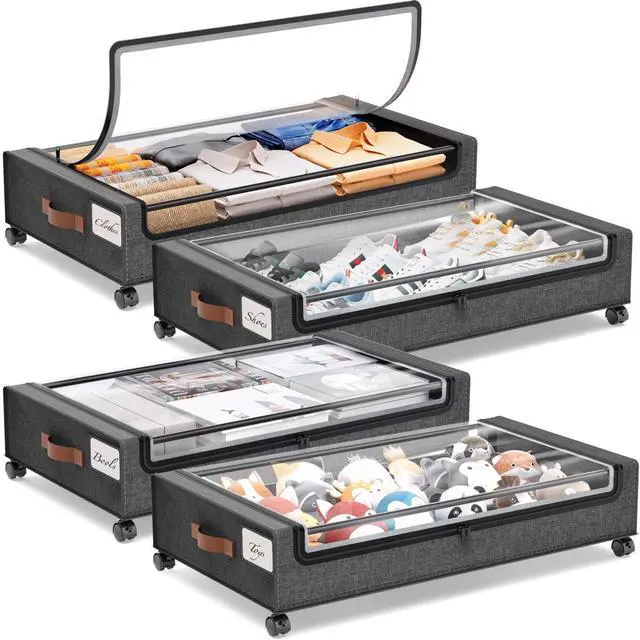 Main image of Under Bed Storage with Wheels, 4 Pack Under Bed Rolling Storage with Clear Window & Label, 60 L Underbed Storage Containers, Rolling Under Bed Metal Drawer for Clothes, Shoes, Books