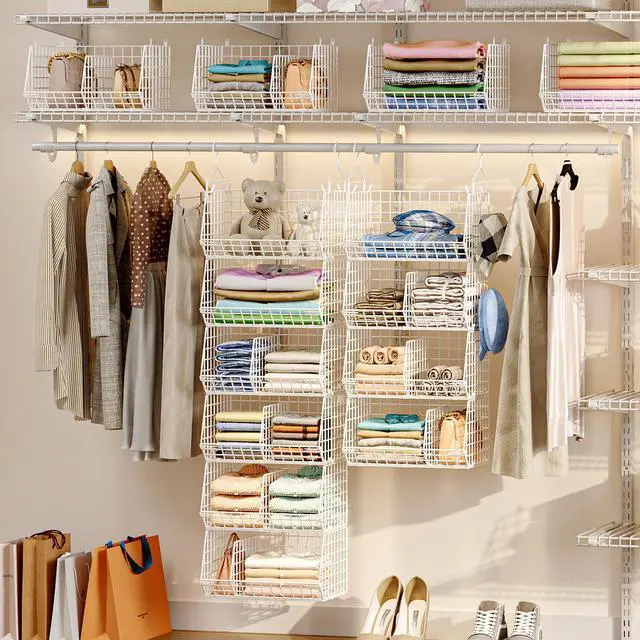 Alt view image 2 of 7 - 6 Tier Extra Large Hanging Closet Organizer, Closet Storage Hanging with Dividers, Wire Closet Shelf with 5 S Hooks 4 Dividers,Sweater Handbag Hat Accessory Storage Hanger,White