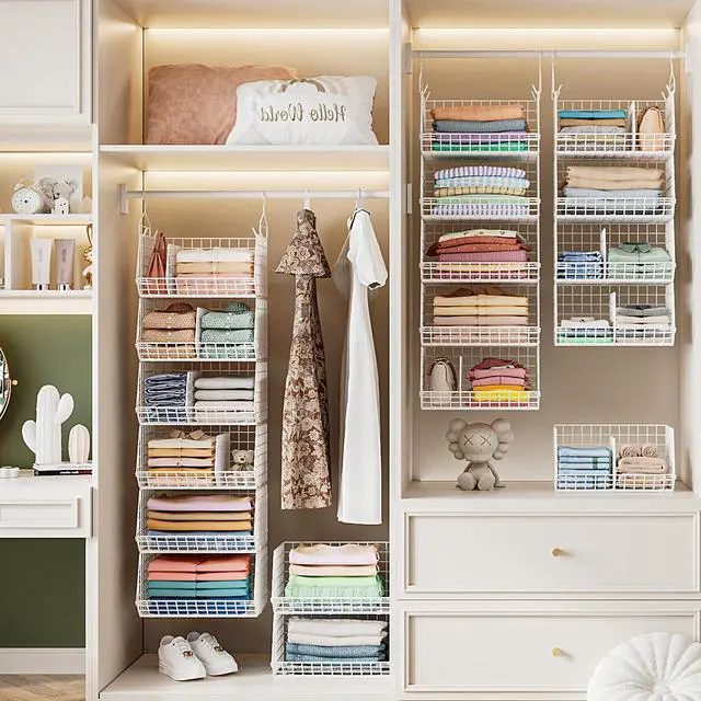 Alt view image 3 of 7 - 6 Tier Extra Large Hanging Closet Organizer, Closet Storage Hanging with Dividers, Wire Closet Shelf with 5 S Hooks 4 Dividers,Sweater Handbag Hat Accessory Storage Hanger,White