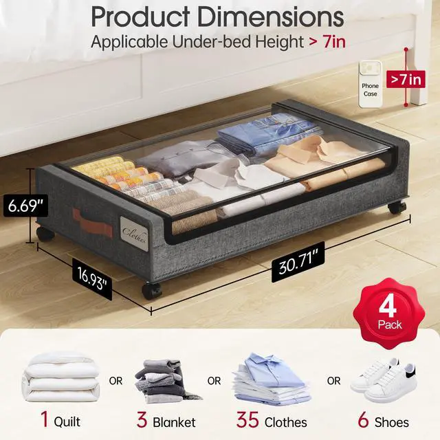 Alt view image 2 of 7 - Under Bed Storage with Wheels, 4 Pack Under Bed Rolling Storage with Clear Window & Label, 60 L Underbed Storage Containers, Rolling Under Bed Metal Drawer for Clothes, Shoes, Books