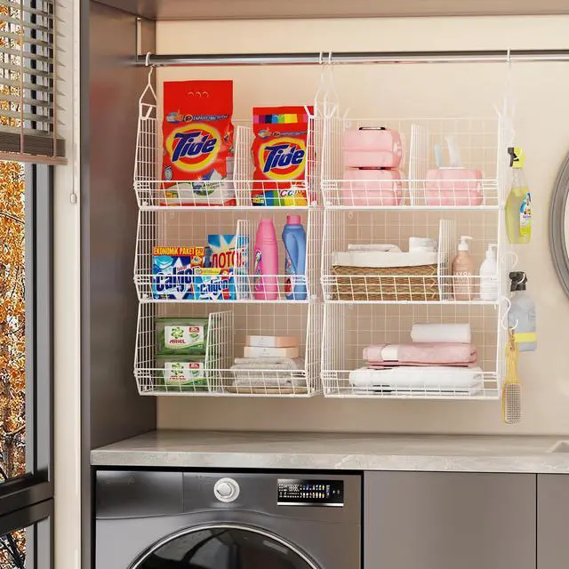 Alt view image 4 of 7 - 6 Tier Extra Large Hanging Closet Organizer, Closet Storage Hanging with Dividers, Wire Closet Shelf with 5 S Hooks 4 Dividers,Sweater Handbag Hat Accessory Storage Hanger,White
