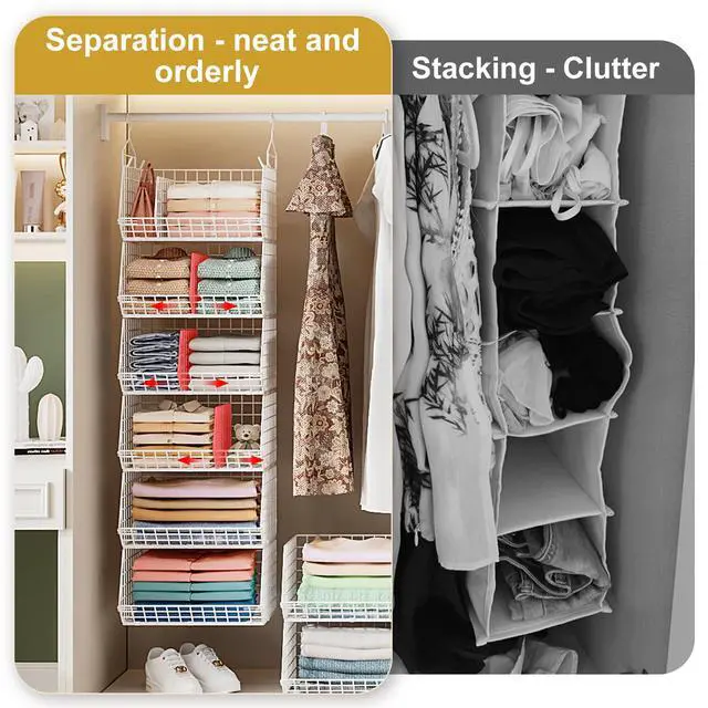 Alt view image 6 of 7 - 6 Tier Extra Large Hanging Closet Organizer, Closet Storage Hanging with Dividers, Wire Closet Shelf with 5 S Hooks 4 Dividers,Sweater Handbag Hat Accessory Storage Hanger,White