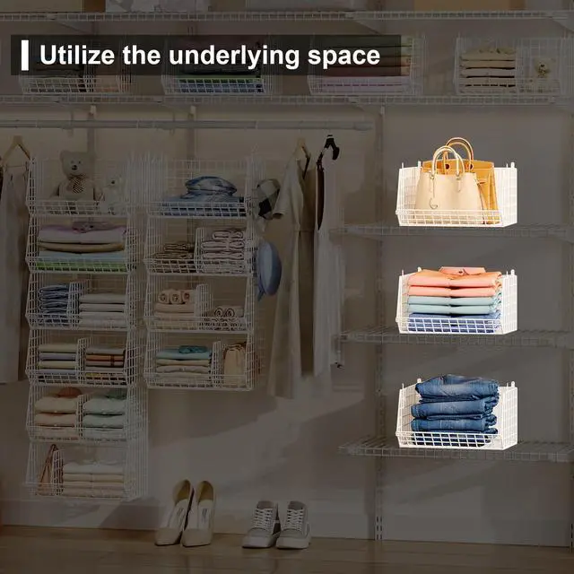 Alt view image 5 of 7 - 6 Tier Extra Large Hanging Closet Organizer, Closet Storage Hanging with Dividers, Wire Closet Shelf with 5 S Hooks 4 Dividers,Sweater Handbag Hat Accessory Storage Hanger,White