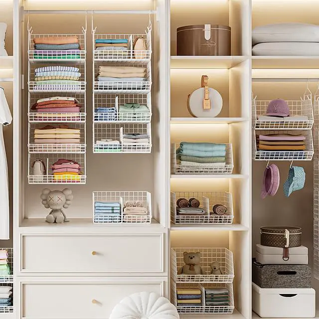 Alt view image 7 of 7 - 6 Tier Extra Large Hanging Closet Organizer, Closet Storage Hanging with Dividers, Wire Closet Shelf with 5 S Hooks 4 Dividers,Sweater Handbag Hat Accessory Storage Hanger,White
