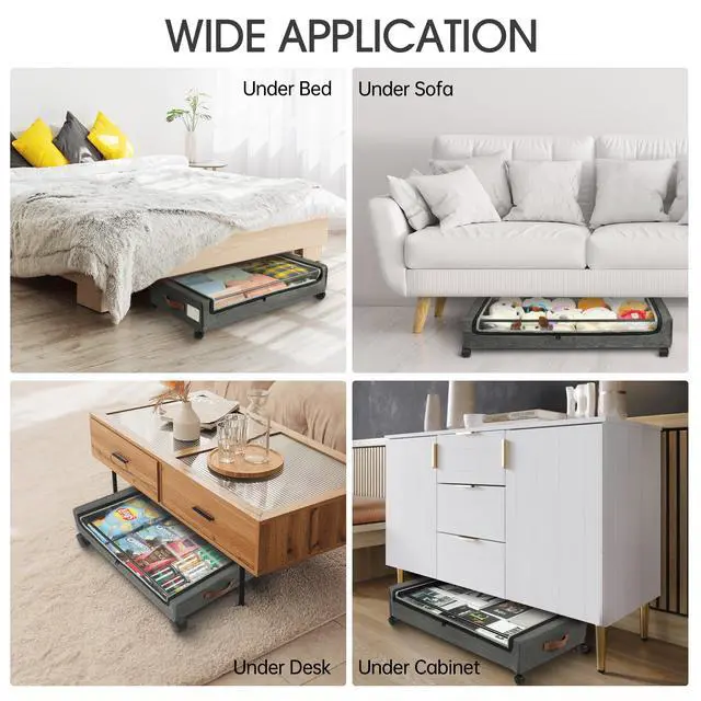 Alt view image 7 of 7 - Under Bed Storage with Wheels, 4 Pack Under Bed Rolling Storage with Clear Window & Label, 60 L Underbed Storage Containers, Rolling Under Bed Metal Drawer for Clothes, Shoes, Books