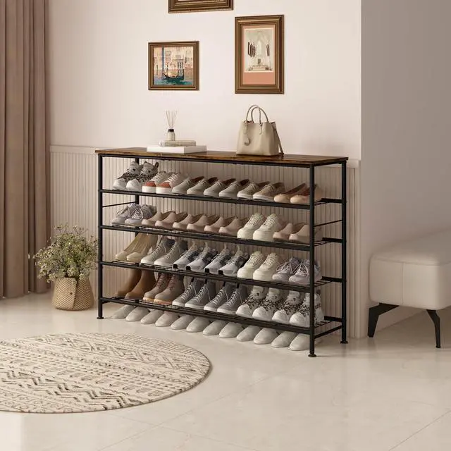 Alt view image 2 of 6 - Shoe Rack 5 Tier Shoe Storage Organizer Metal Mesh Shelves with MDF Top Board for Entryway, Hallway, Closet,BedroomLiving Room (Black+Rustic Brown, Large 5 Tier)