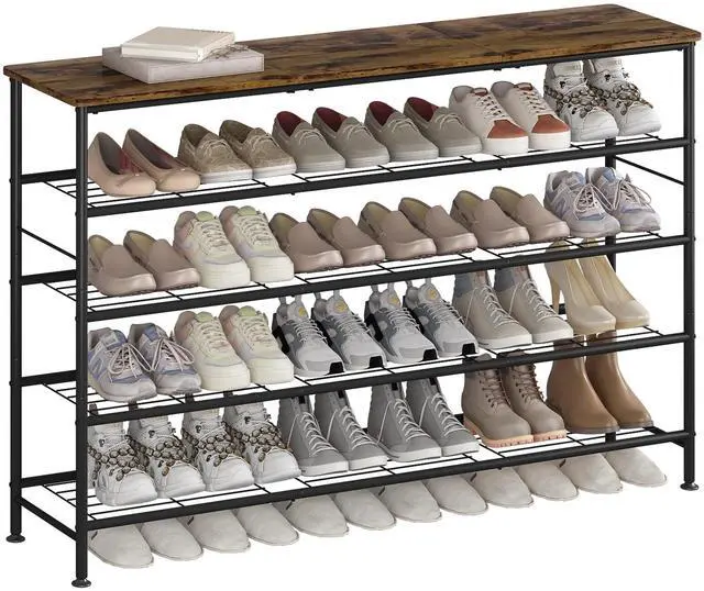 Main image of Shoe Rack 5 Tier Shoe Storage Organizer Metal Mesh Shelves with MDF Top Board for Entryway, Hallway, Closet,BedroomLiving Room (Black+Rustic Brown, Large 5 Tier)