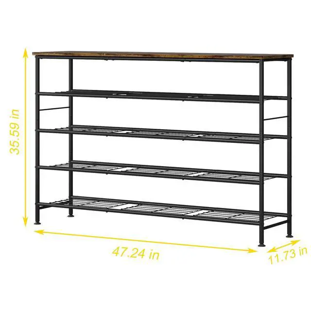 Alt view image 3 of 6 - Shoe Rack 5 Tier Shoe Storage Organizer Metal Mesh Shelves with MDF Top Board for Entryway, Hallway, Closet,BedroomLiving Room (Black+Rustic Brown, Large 5 Tier)