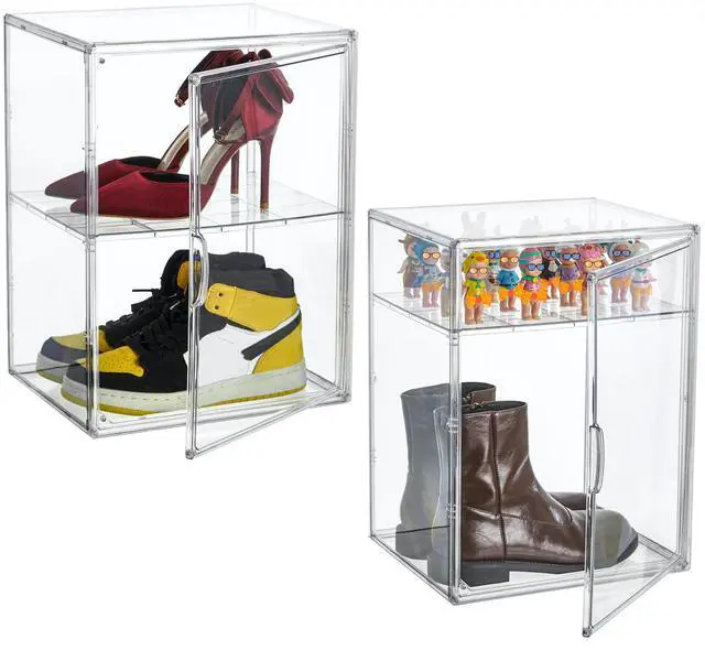 Main image of XXX-Large Clear Acrylic Display Case Boot Shoe Storage Boxes With An Adjustable Divider,2 Pack 2 Tiers Clear Plastic Stackable Storage Bins With Lids Big Display Acrylic Box With Magnetic Door