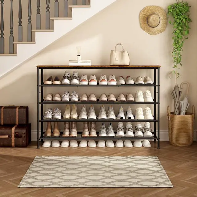Alt view image 4 of 6 - Shoe Rack 5 Tier Shoe Storage Organizer Metal Mesh Shelves with MDF Top Board for Entryway, Hallway, Closet,BedroomLiving Room (Black+Rustic Brown, Large 5 Tier)