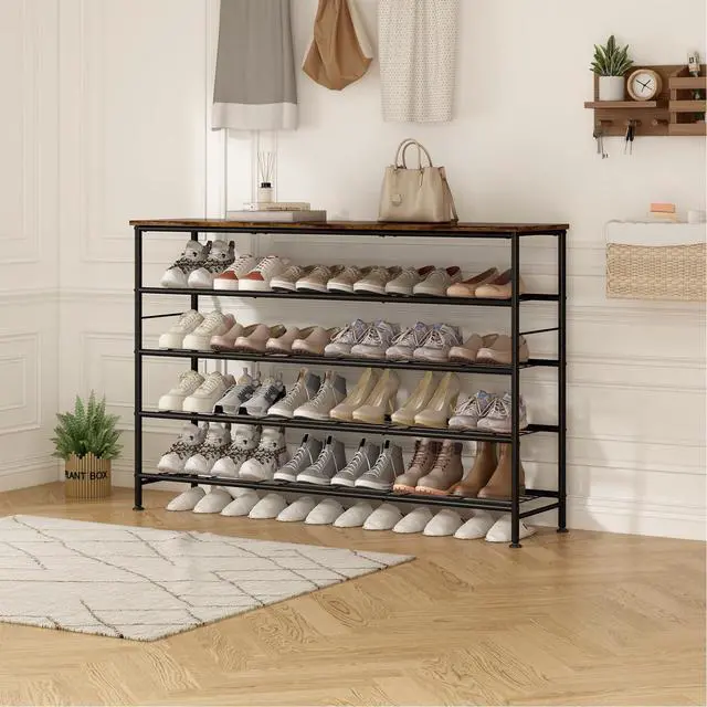 Alt view image 5 of 6 - Shoe Rack 5 Tier Shoe Storage Organizer Metal Mesh Shelves with MDF Top Board for Entryway, Hallway, Closet,BedroomLiving Room (Black+Rustic Brown, Large 5 Tier)