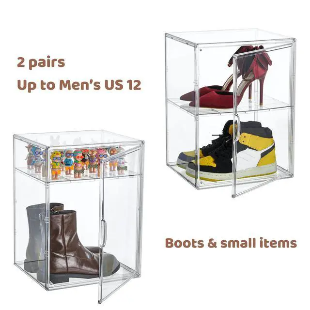 Alt view image 3 of 6 - XXX-Large Clear Acrylic Display Case Boot Shoe Storage Boxes With An Adjustable Divider,2 Pack 2 Tiers Clear Plastic Stackable Storage Bins With Lids Big Display Acrylic Box With Magnetic Door
