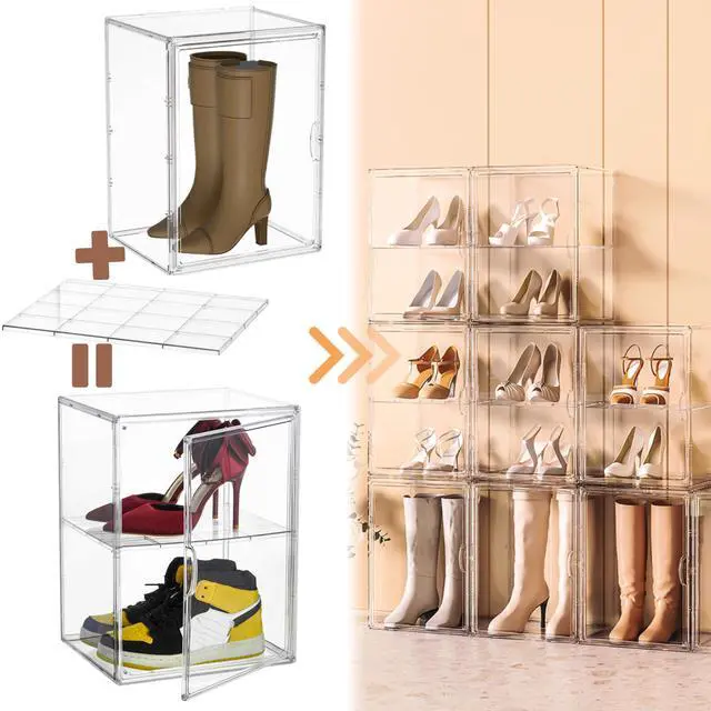 Alt view image 2 of 6 - XXX-Large Clear Acrylic Display Case Boot Shoe Storage Boxes With An Adjustable Divider,2 Pack 2 Tiers Clear Plastic Stackable Storage Bins With Lids Big Display Acrylic Box With Magnetic Door