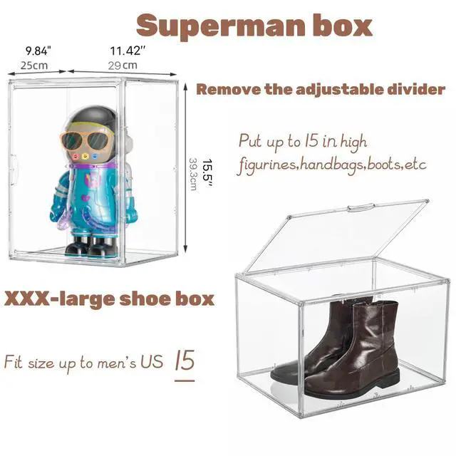Alt view image 4 of 6 - XXX-Large Clear Acrylic Display Case Boot Shoe Storage Boxes With An Adjustable Divider,2 Pack 2 Tiers Clear Plastic Stackable Storage Bins With Lids Big Display Acrylic Box With Magnetic Door