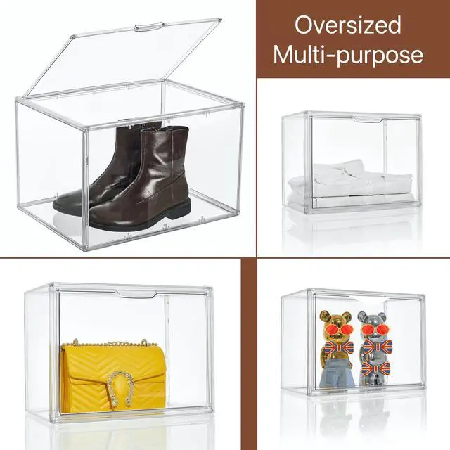 Alt view image 5 of 6 - XXX-Large Clear Acrylic Display Case Boot Shoe Storage Boxes With An Adjustable Divider,2 Pack 2 Tiers Clear Plastic Stackable Storage Bins With Lids Big Display Acrylic Box With Magnetic Door