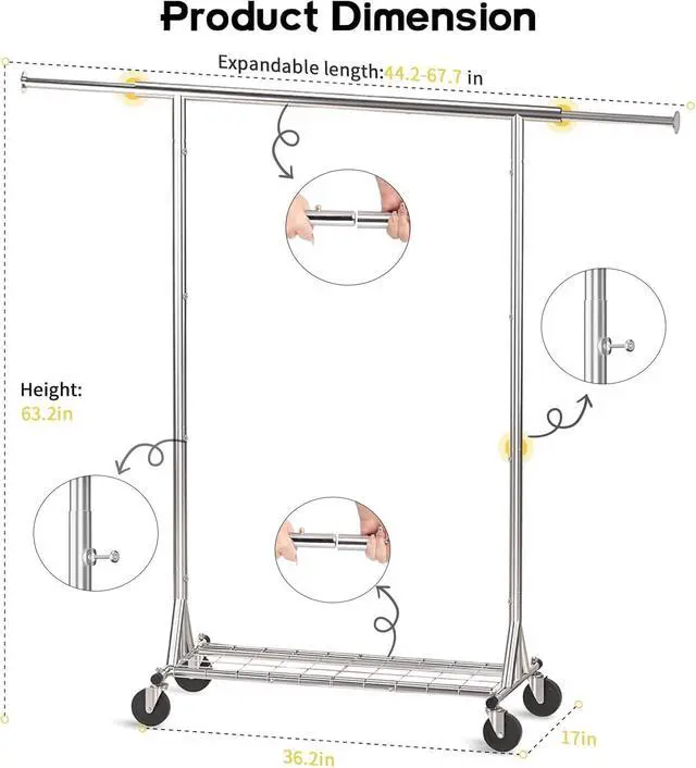 Alt view image 2 of 7 - Clothing Garment Rack Capacity 550LBS Rolling Clothes Rack on Wheels - Heavy Duty Commercial Storage Organizer - Mobile Clothes Rack with Multifunctional Design (Silver)