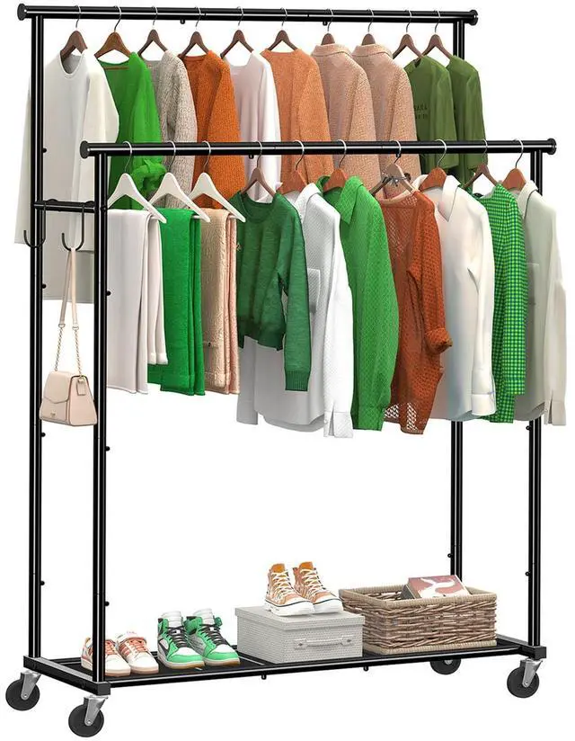 Main image of Double Rods Clothes Rack with Wheels Load 400 LBS, 45 Inch Rolling Clothing Rack for Hanging Clothes, Heavy Duty Garment Rack with Shelves, Metal Portable Closet, Black