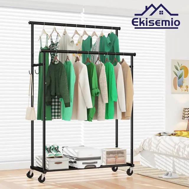 Alt view image 2 of 6 - Double Rods Clothes Rack with Wheels Load 400 LBS, 45 Inch Rolling Clothing Rack for Hanging Clothes, Heavy Duty Garment Rack with Shelves, Metal Portable Closet, Black