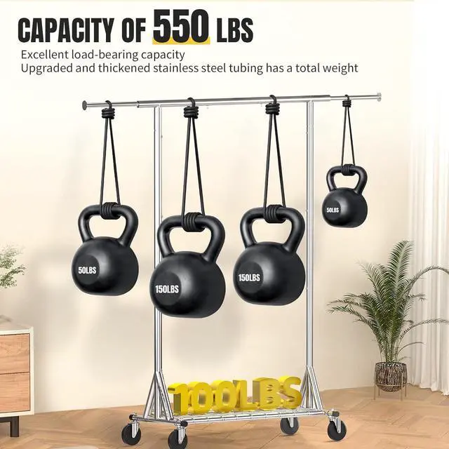 Alt view image 3 of 7 - Clothing Garment Rack Capacity 550LBS Rolling Clothes Rack on Wheels - Heavy Duty Commercial Storage Organizer - Mobile Clothes Rack with Multifunctional Design (Silver)