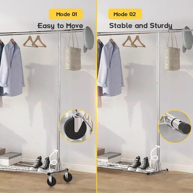 Alt view image 5 of 7 - Clothing Garment Rack Capacity 550LBS Rolling Clothes Rack on Wheels - Heavy Duty Commercial Storage Organizer - Mobile Clothes Rack with Multifunctional Design (Silver)