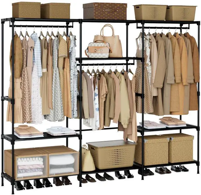 Main image of Clothes Rack, Portable Closet, 81.1 Inch Large Capacity Wardrobe Closet, Clothes Storage Organizer with Shelves and 3 Hanging Rods, Easy to Assembly, Black PCT033B01