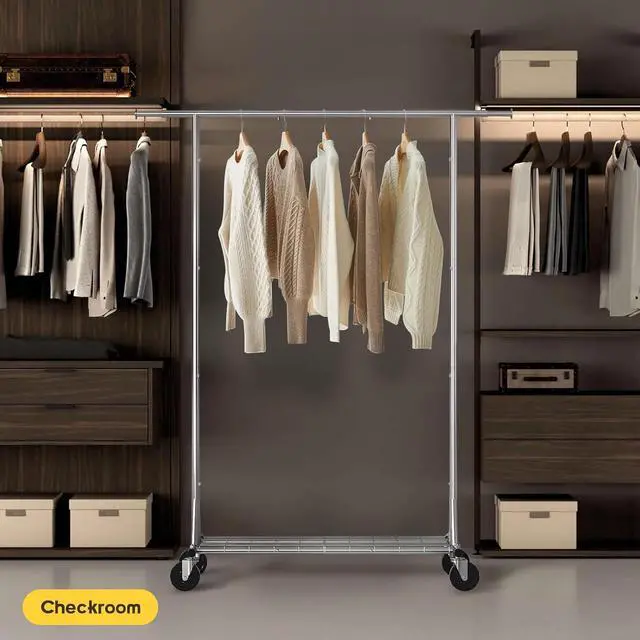 Alt view image 6 of 7 - Clothing Garment Rack Capacity 550LBS Rolling Clothes Rack on Wheels - Heavy Duty Commercial Storage Organizer - Mobile Clothes Rack with Multifunctional Design (Silver)