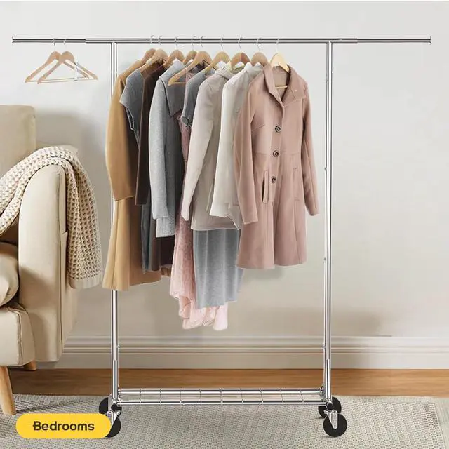 Alt view image 7 of 7 - Clothing Garment Rack Capacity 550LBS Rolling Clothes Rack on Wheels - Heavy Duty Commercial Storage Organizer - Mobile Clothes Rack with Multifunctional Design (Silver)