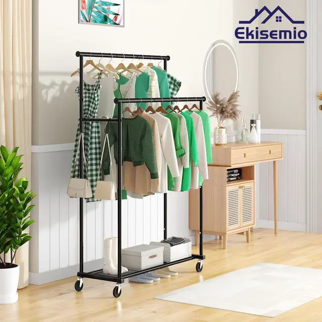 Alt view image 3 of 6 - Double Rods Clothes Rack with Wheels Load 400 LBS, 45 Inch Rolling Clothing Rack for Hanging Clothes, Heavy Duty Garment Rack with Shelves, Metal Portable Closet, Black