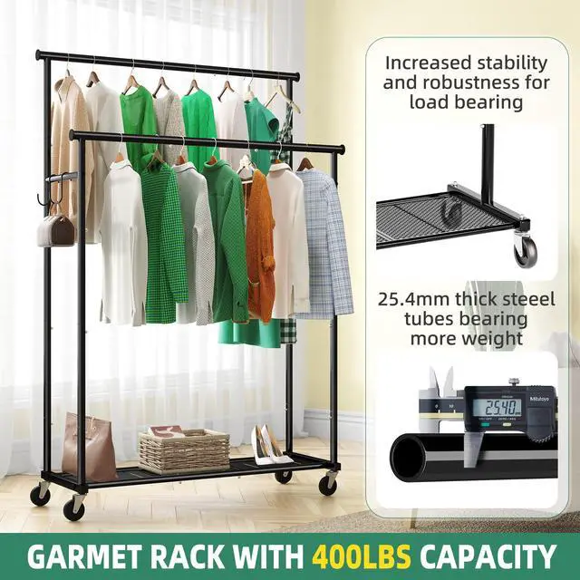 Alt view image 4 of 6 - Double Rods Clothes Rack with Wheels Load 400 LBS, 45 Inch Rolling Clothing Rack for Hanging Clothes, Heavy Duty Garment Rack with Shelves, Metal Portable Closet, Black