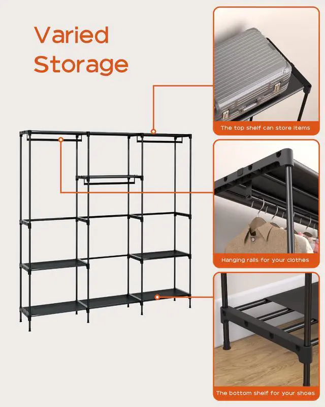 Alt view image 5 of 7 - Clothes Rack, Portable Closet, 81.1 Inch Large Capacity Wardrobe Closet, Clothes Storage Organizer with Shelves and 3 Hanging Rods, Easy to Assembly, Black PCT033B01