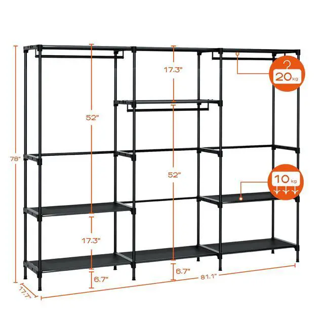 Alt view image 3 of 7 - Clothes Rack, Portable Closet, 81.1 Inch Large Capacity Wardrobe Closet, Clothes Storage Organizer with Shelves and 3 Hanging Rods, Easy to Assembly, Black PCT033B01