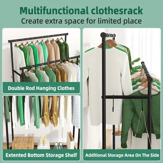 Alt view image 5 of 6 - Double Rods Clothes Rack with Wheels Load 400 LBS, 45 Inch Rolling Clothing Rack for Hanging Clothes, Heavy Duty Garment Rack with Shelves, Metal Portable Closet, Black