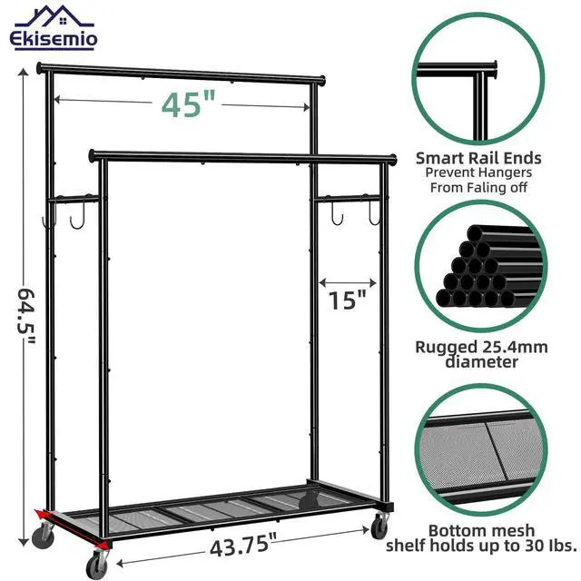 Alt view image 6 of 6 - Double Rods Clothes Rack with Wheels Load 400 LBS, 45 Inch Rolling Clothing Rack for Hanging Clothes, Heavy Duty Garment Rack with Shelves, Metal Portable Closet, Black
