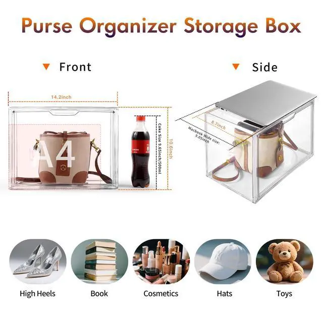 Alt view image 3 of 6 - Purse Organizer for Closet, 5Pack Stackable Storage Bins, Clear Acrylic Display Case with Magnetic Door, Closet Organizers and Storage for Handbag Organzier, Heels, Collectibles