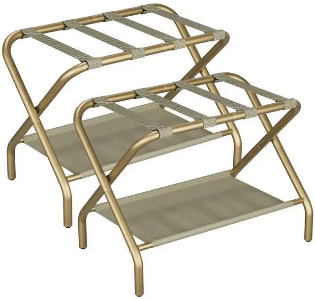 Main image of Gold Luggage Rack Pack of 2, Foldable Suitcase Stand with Fabric Storage Shelf, Luggage Holder with 4 Nylon Straps for Hotel Guest Room Bedroom