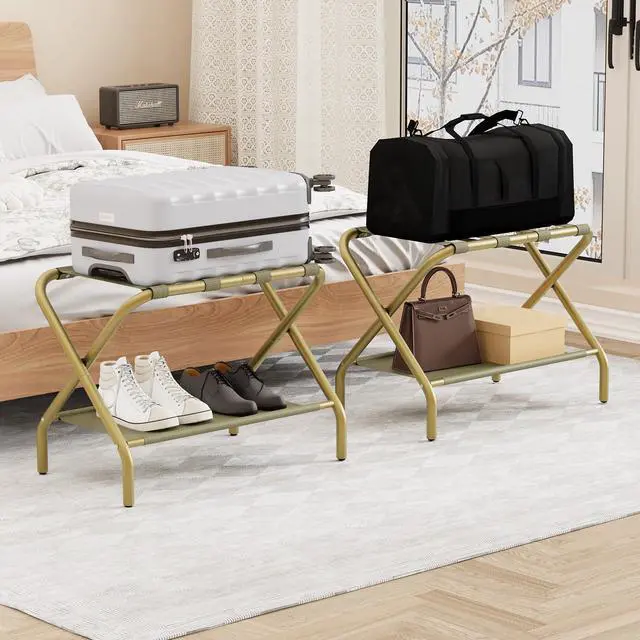 Alt view image 2 of 7 - Gold Luggage Rack Pack of 2, Foldable Suitcase Stand with Fabric Storage Shelf, Luggage Holder with 4 Nylon Straps for Hotel Guest Room Bedroom