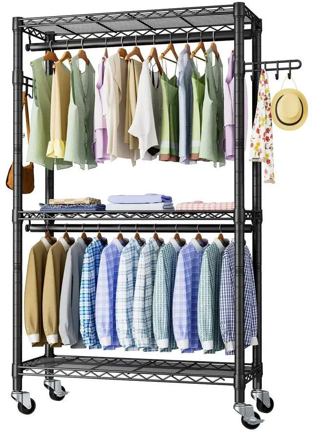 Main image of Heavy Duty Clothes Rack Rolling Garment Rack,3 Tier Adjustable Wire Shelving Clothing Racks for Hanging Clothes with Double Rods&Side Hooks,Freestanding Wardrobe Storage Rack Metal Portable Closet