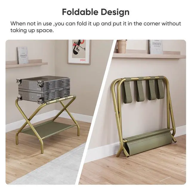 Alt view image 3 of 7 - Gold Luggage Rack Pack of 2, Foldable Suitcase Stand with Fabric Storage Shelf, Luggage Holder with 4 Nylon Straps for Hotel Guest Room Bedroom