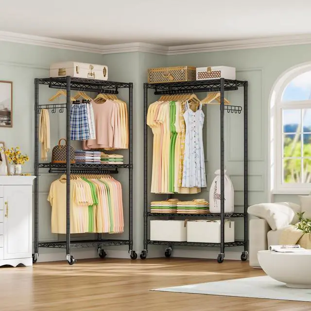 Alt view image 2 of 7 - Heavy Duty Clothes Rack Rolling Garment Rack,3 Tier Adjustable Wire Shelving Clothing Racks for Hanging Clothes with Double Rods&Side Hooks,Freestanding Wardrobe Storage Rack Metal Portable Closet