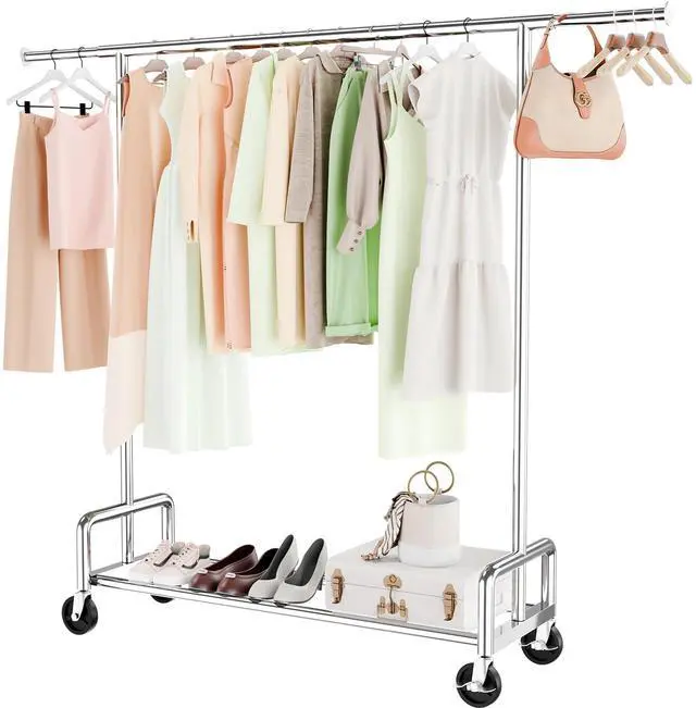 Main image of Heavy Duty Clothing Clothes Rack with Wheels for Hanging, Metal Rolling Garment Rack Organizer Load 500 LBS, Chrome