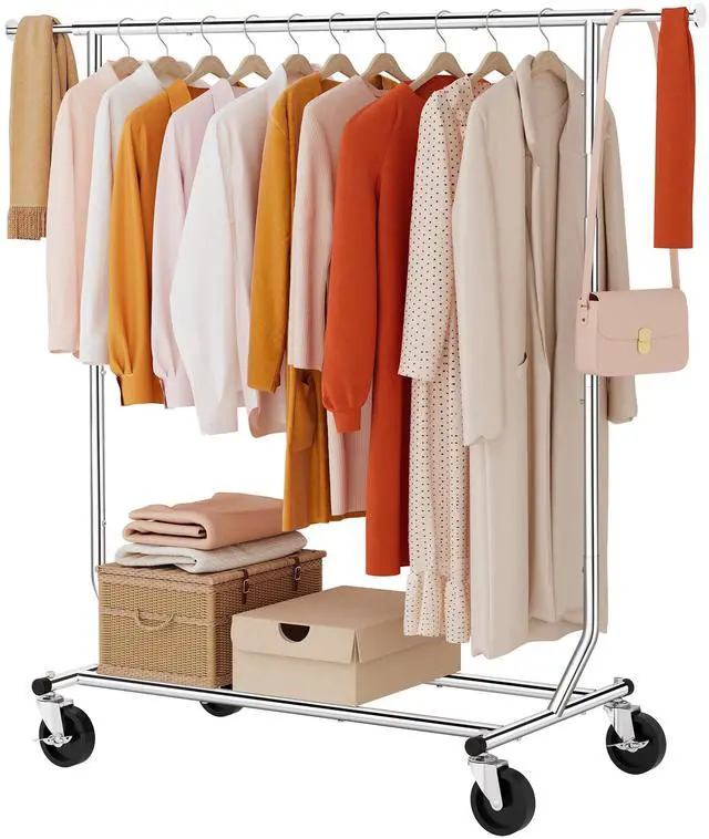 Main image of Clothing Rack Heavy Duty Clothes Racks Foldable Garment Rack with Wheels and Extendable Rod, Collapsible Clothing Rack Max Capacity 250lbs, Industrial Rolling Racks with Bottom Shelf, Chrome