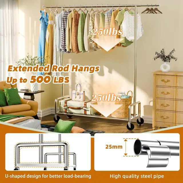 Alt view image 2 of 7 - Heavy Duty Clothing Clothes Rack with Wheels for Hanging, Metal Rolling Garment Rack Organizer Load 500 LBS, Chrome