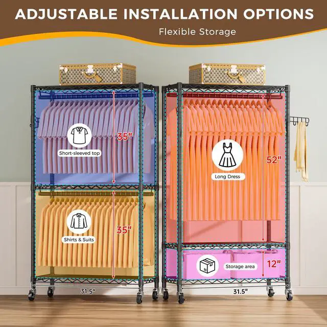 Alt view image 4 of 7 - Heavy Duty Clothes Rack Rolling Garment Rack,3 Tier Adjustable Wire Shelving Clothing Racks for Hanging Clothes with Double Rods&Side Hooks,Freestanding Wardrobe Storage Rack Metal Portable Closet