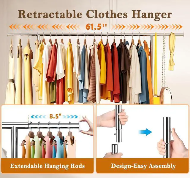Alt view image 3 of 7 - Heavy Duty Clothing Clothes Rack with Wheels for Hanging, Metal Rolling Garment Rack Organizer Load 500 LBS, Chrome
