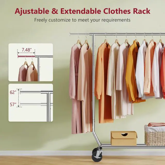 Alt view image 2 of 7 - Clothing Rack Heavy Duty Clothes Racks Foldable Garment Rack with Wheels and Extendable Rod, Collapsible Clothing Rack Max Capacity 250lbs, Industrial Rolling Racks with Bottom Shelf, Chrome